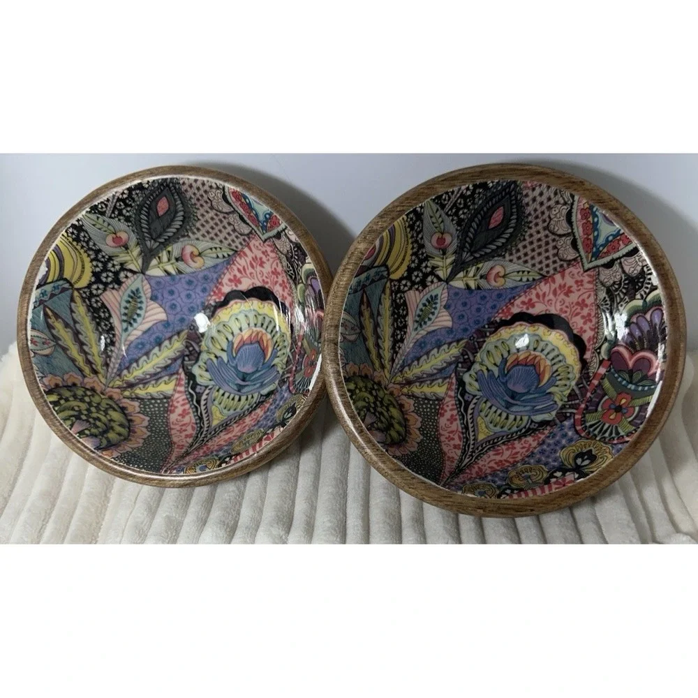 World Market Set of 2 Mango Wood Bowls Enamel Pattern 5.5